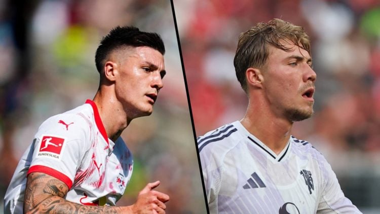 Split image, Benjamin Sesko running in RB Leipzig top side profile. Rasmus Hojlund with mouth open and turned to the side during Manchester United ...