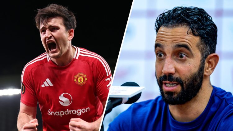 A split image of Manchester United defender Harry Maguire (L) and Manchester United boss Ruben Amorim (R)