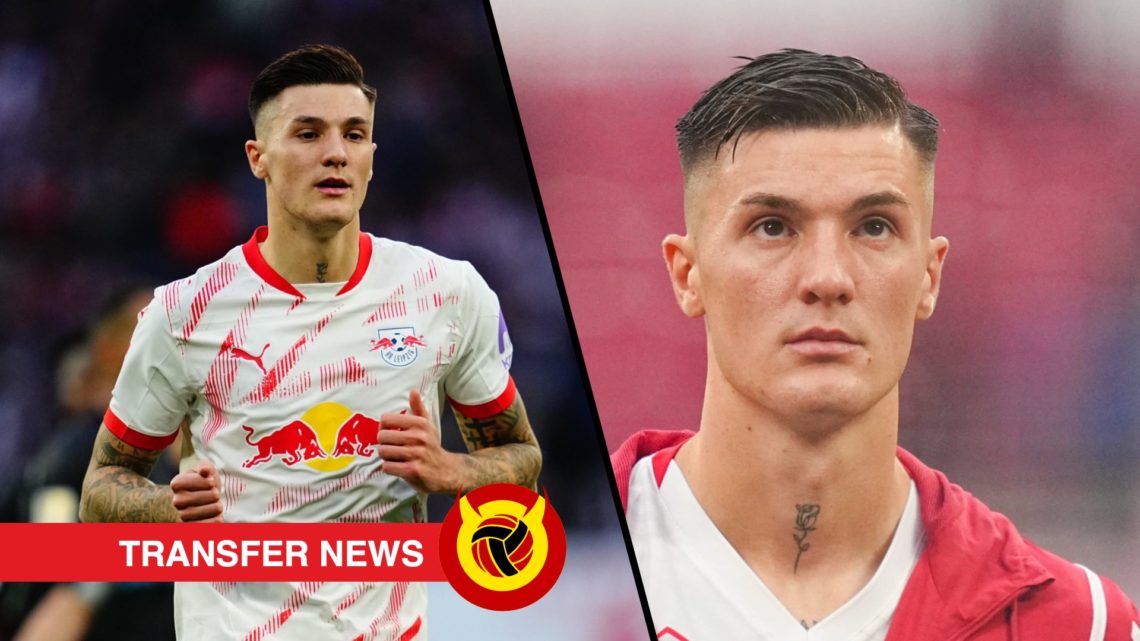 Split image, Benjamin Sesko running for RB Leipzig in home shirt and close up Benjamin Sesko head shot staring into the distance. Overlaid UIF logo...