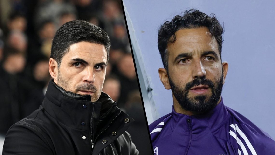 Split image, Mikel Arteta looking intensely toward camera and Ruben Amorim watching Manchester United from the bench.