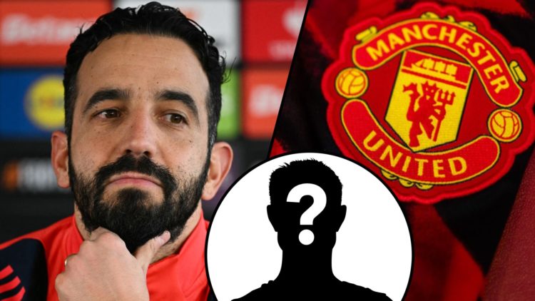 Manchester United manager Ruben Amorim at a press conference at the Carrington complex, inset a badge featuring the Manchester United club crest.