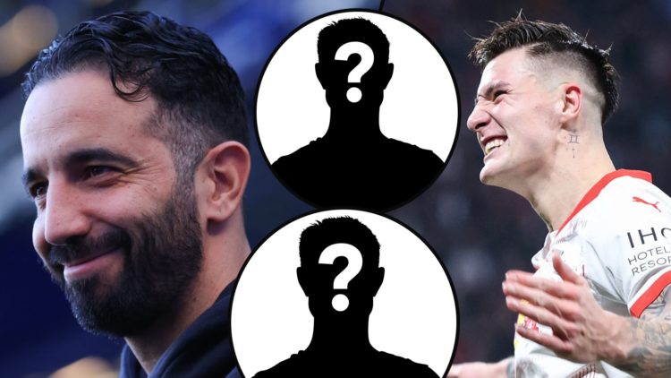 Manchester United manager Ruben Amorim ahead of the Everton match, inset a photo of RB Leipzig striker Benjamin Sesko.