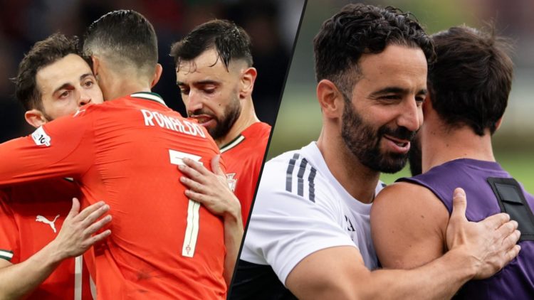 Ruben Amorim and Bruno Fernandes in a Manchester United training session, inset the Red Devils skipper playing for the Portugal national team.