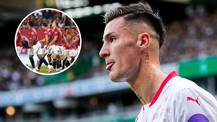 RB Leipzig forward Benjamin Sesko, inset of Rasmus Hojlund and Manchester United teammates.