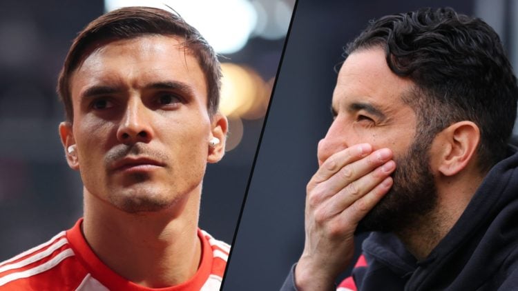 Tottenham summer signing Joao Palhinha playing for Bayern Munich, inset an image of Manchester United manager Ruben Amorim.