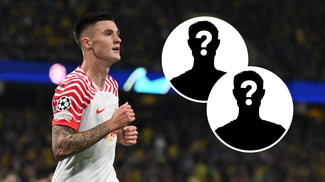 RB Leipzig striker Benjamin Sesko in Champions League action. Inset, two mystery player icons