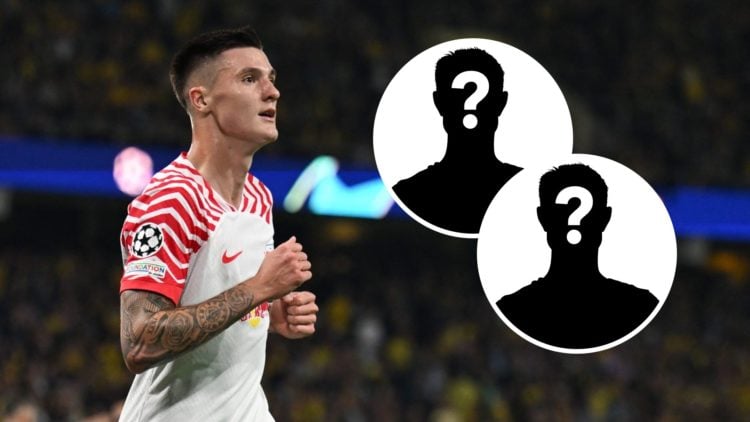 RB Leipzig striker Benjamin Sesko in Champions League action. Inset, two mystery player icons
