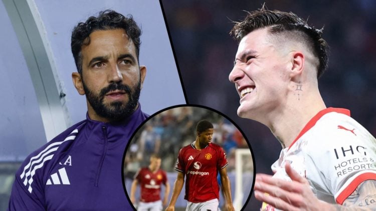 Split image of Ruben Amorim sat on Manchester United bench during pre-season and Benjamin Sesko celebrates for RB Leipzig. Inset Chido Obi walking ...