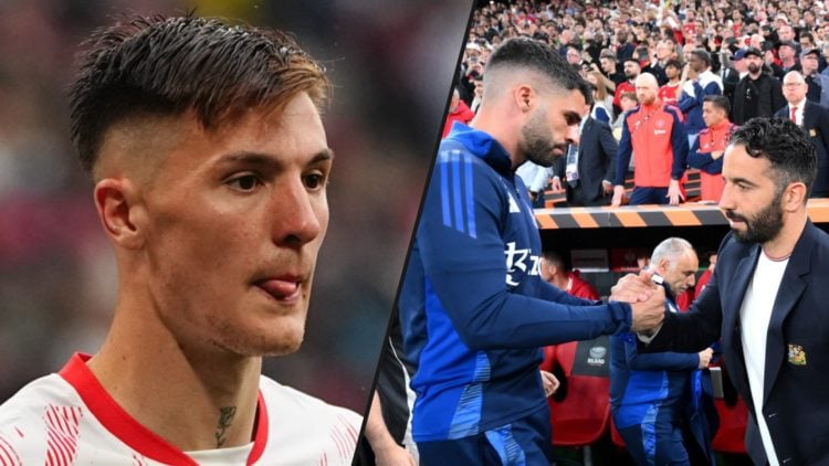 Manchester United and Newcastle target Benjamin Sesko playing for RB Leipzig, inset a photo of Red Devils head coach Ruben Amorim.