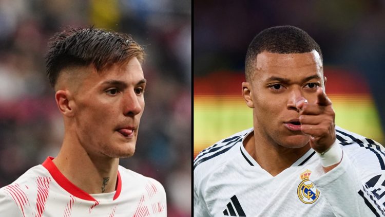 Split image, Benjamin Sesko with tongue out during RB Leipzig match and Kylian Mbappe pointing in celebration for Real Madrid.
