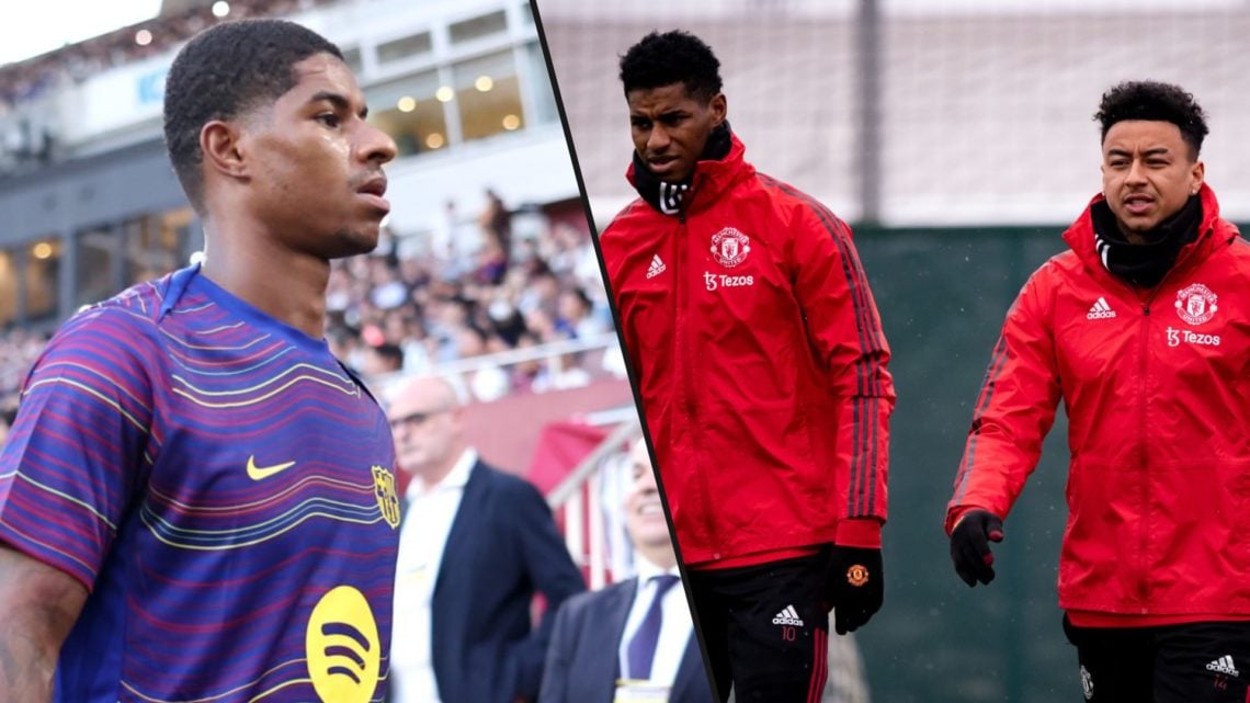Marcus Rashford and Jesse Lingard in a Manchester United first-team training session, inset a photo of the Barcelona player.