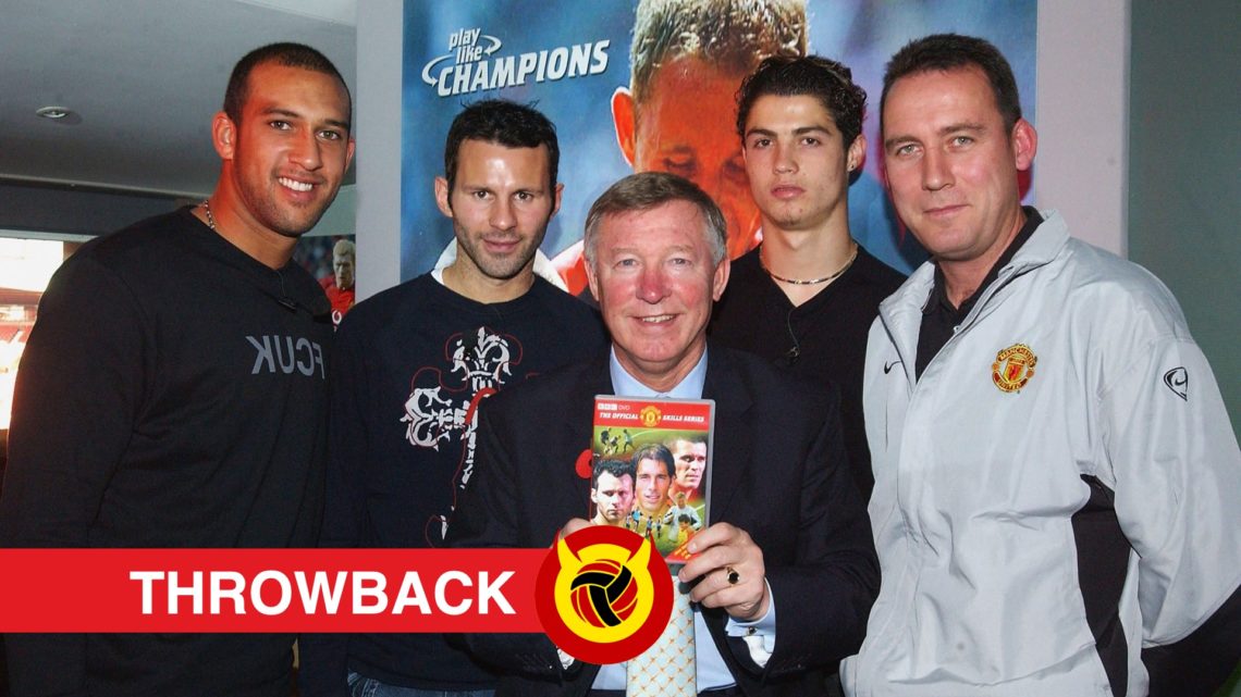 Sir Alex Ferguson with Manchester United players Ryan Giggs and Cristiano Ronaldo in 2003. Overlaid throwbacks banner and UIF logo.