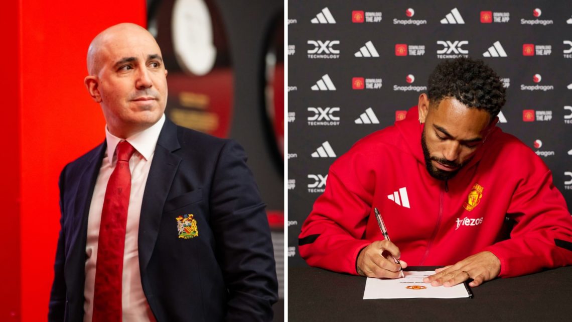 Split image of Manchester United CEO Omar Berrada and Matheus Cunha signing his contract.
