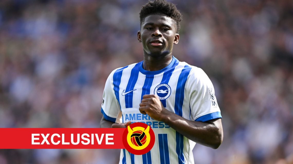 Carlos Baleba jogging for Brighton. Overlaid UIF logo and exclusives banner.