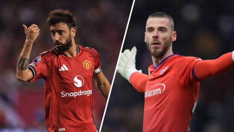 A split image of Manchester United captain Bruno Fernandes (L) and Fiorentina goalkeeper David de Gea (R)