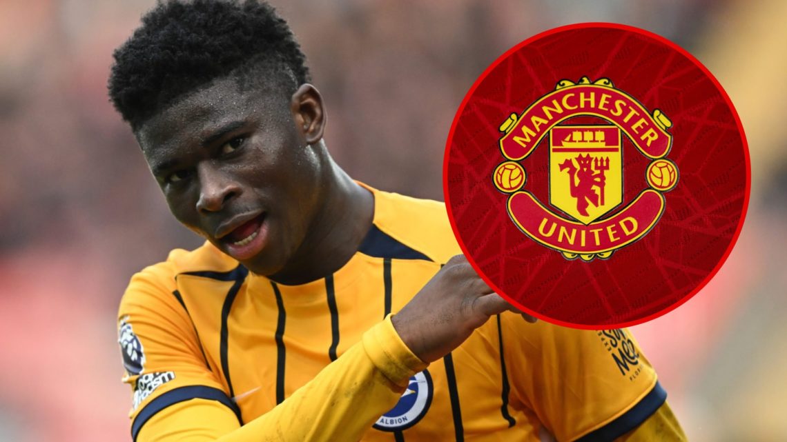 Carlos Baleba, with Manchester United badge inset