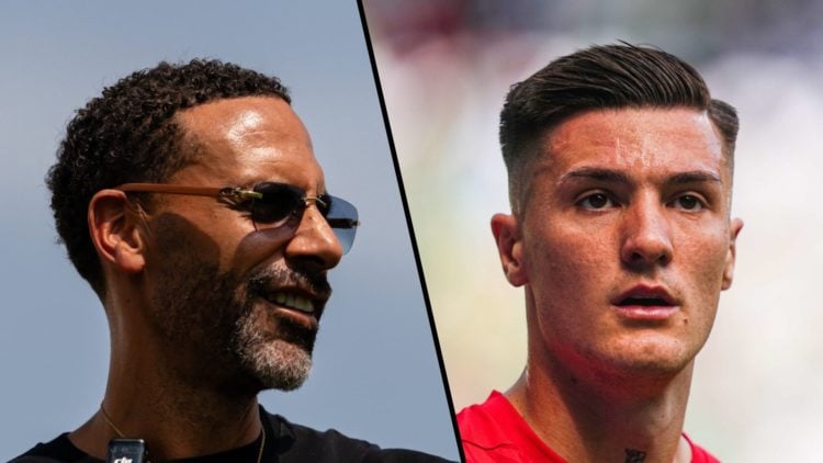 Split image, Rio Ferdinand with sunglasses on watching Manchester United training session and Benjamin Sesko headshot image for RB Leipzig.
