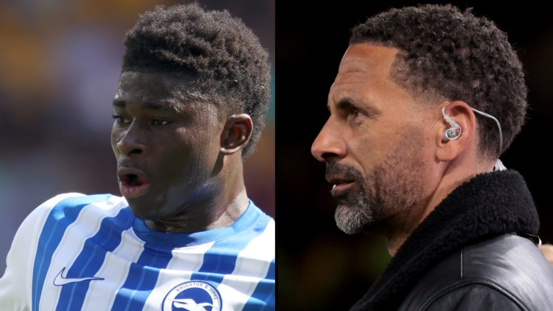 Manchester United target Carlos Baleba playing for Brighton, inset former TNT Sports pundit Rio Ferdinand.