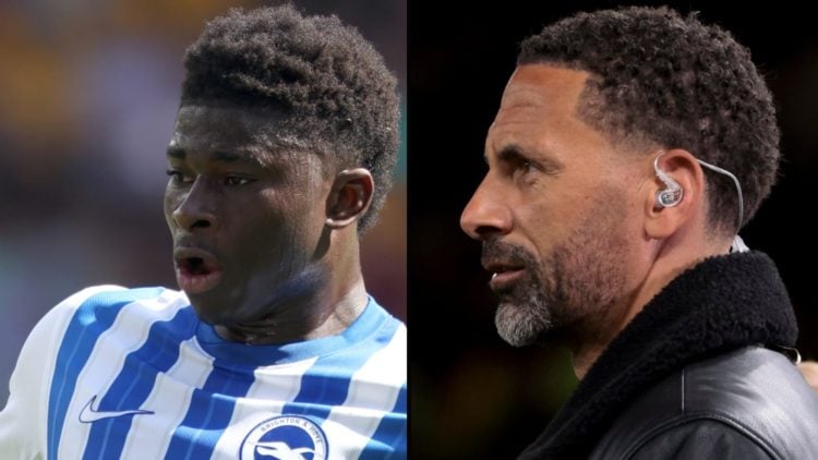 Manchester United target Carlos Baleba playing for Brighton, inset former TNT Sports pundit Rio Ferdinand.