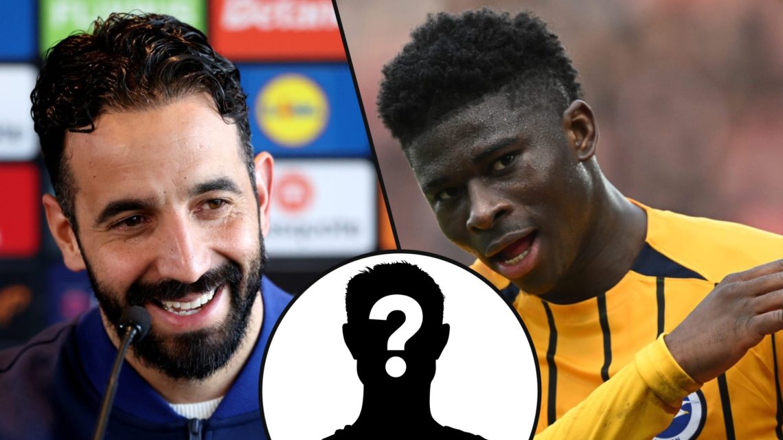Manchester United-linked midfielder Carlos Baleba playing for Brighton vs Wolves, inset a photo of Red Devils boss Ruben Amorim.