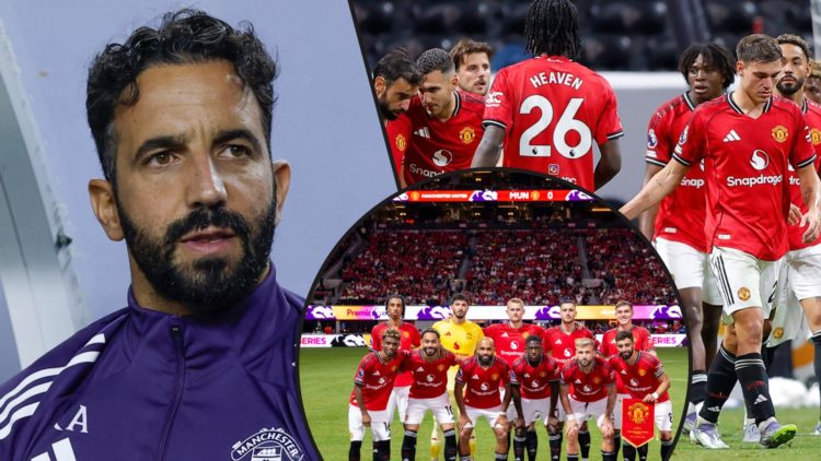 Ruben Amorim ahead of the Bournemouth match, inset an overlay of Manchester United players, inset an overlay featuring Luke Shaw.