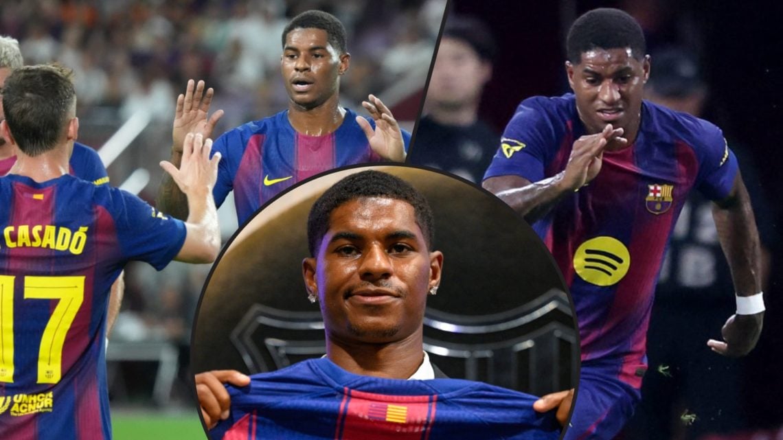 Manchester United player Marcus Rashford, inset an image of the Barcelona signing, inset an overlay of the England international.