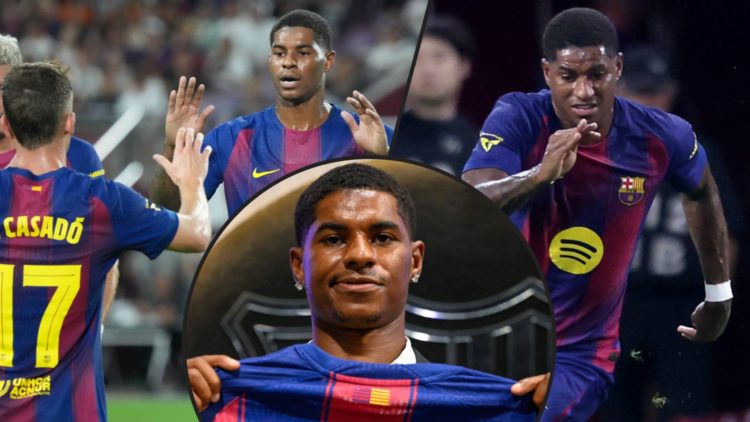 Manchester United player Marcus Rashford, inset an image of the Barcelona signing, inset an overlay of the England international.