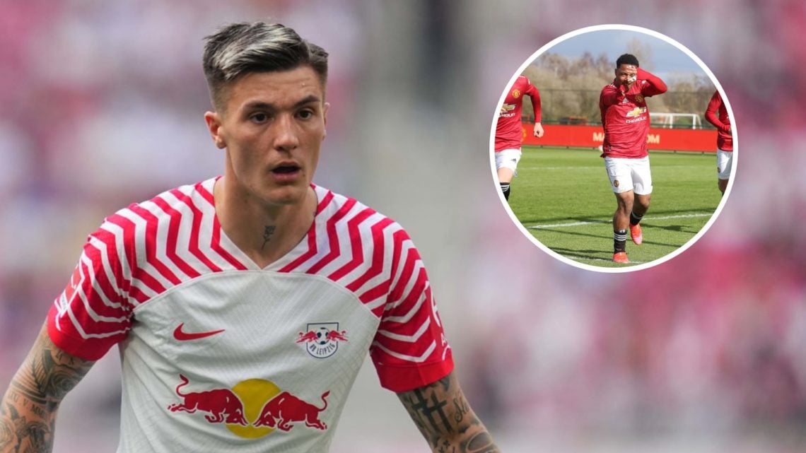 RB Leipzig forward Benjamin Sesko in action, inset of former Manchester United academy star Dillon Hoogewerf.