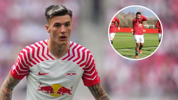 RB Leipzig forward Benjamin Sesko in action, inset of former Manchester United academy star Dillon Hoogewerf.