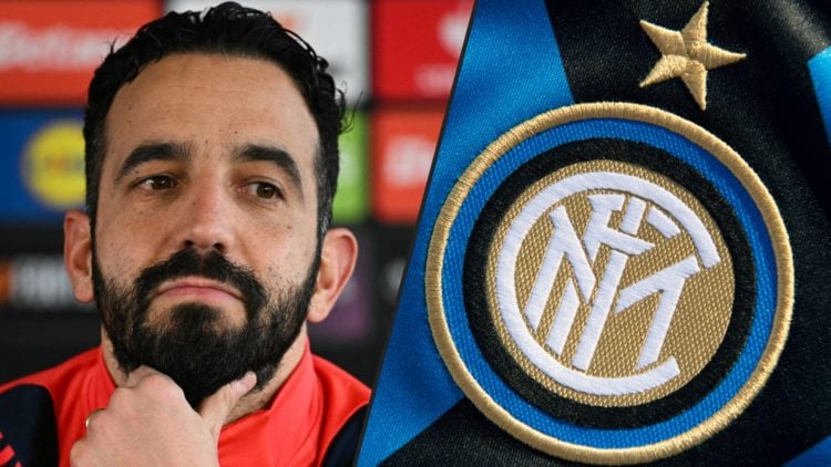 Manchester United manager Ruben Amorim at the Carrington training complex, inset a photo featuring the club crest of Serie A side Inter Milan.