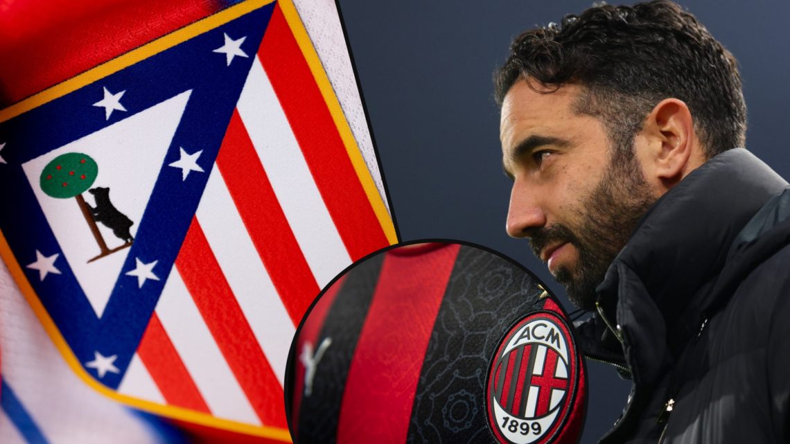 Manchester United manager Ruben Amorim during a Premier League match, inset the Atletico Madrid badge, inset an overlay of the AC Milan club crest.