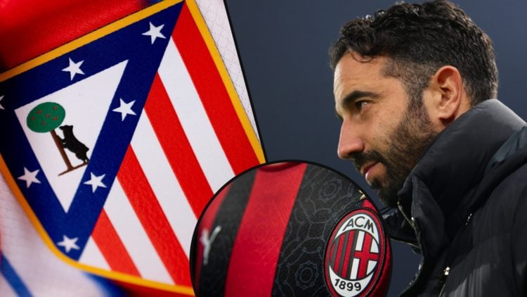 Manchester United manager Ruben Amorim during a Premier League match, inset the Atletico Madrid badge, inset an overlay of the AC Milan club crest.
