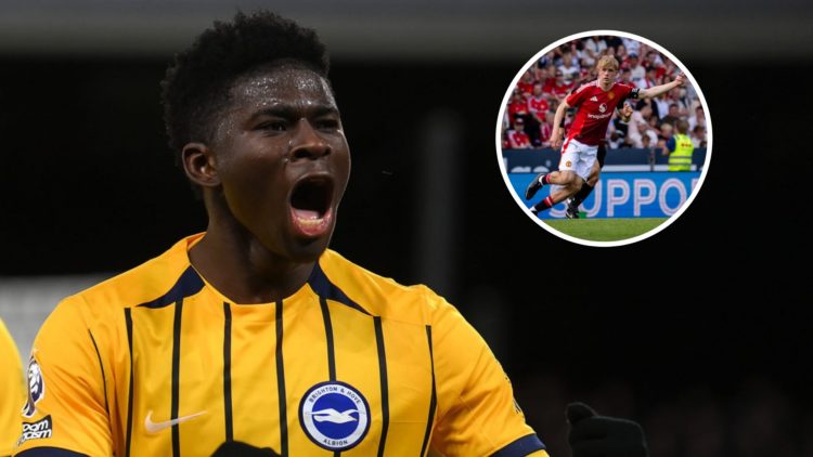 Brighton midfielder Carlos Baleba celebrating, inset of Manchester United midfielder Toby Collyer.