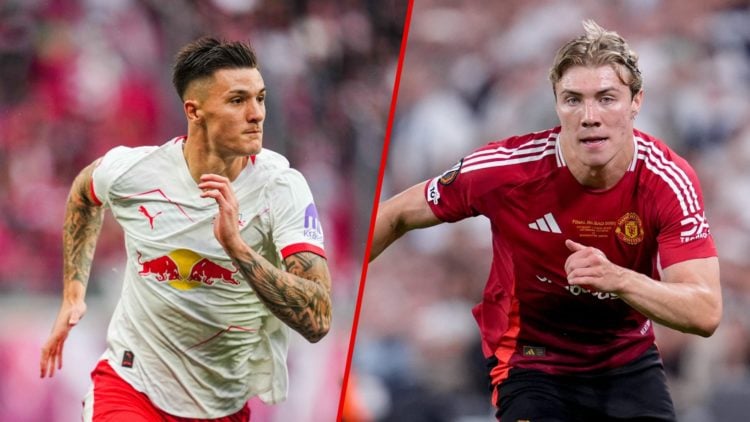 Benjamin Sesko and Rasmus Hojlund split image