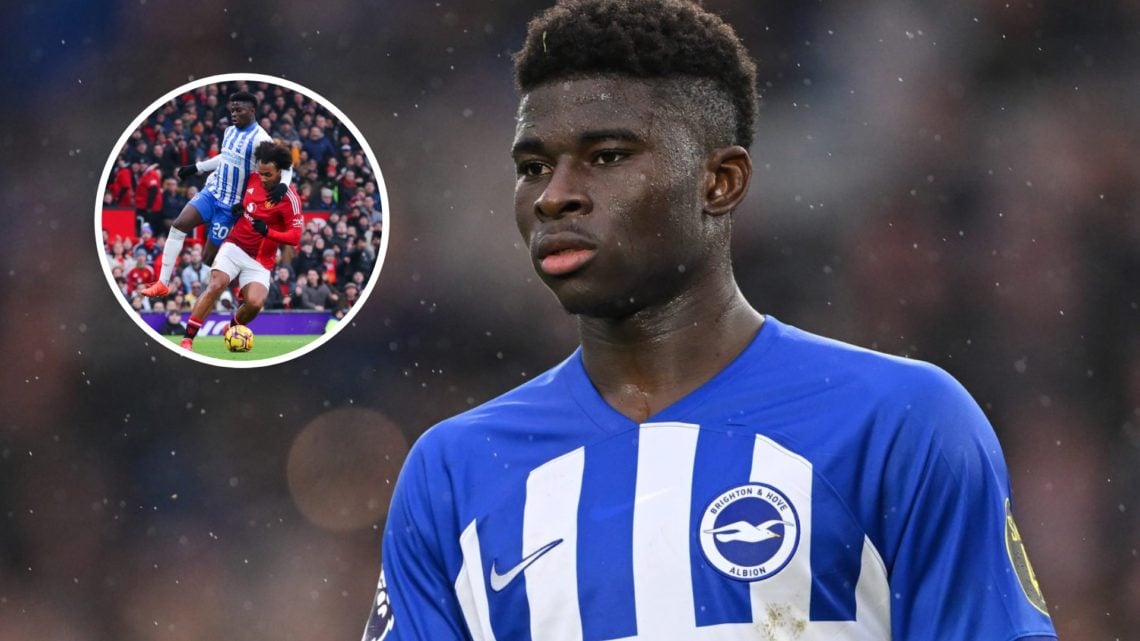 Brighton midfielder Carlos Baleba, inset of Baleba duelling with Manchester United's Joshua Zirkzee.