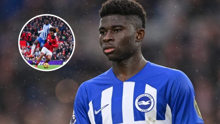 Brighton midfielder Carlos Baleba, inset of Baleba duelling with Manchester United's Joshua Zirkzee.