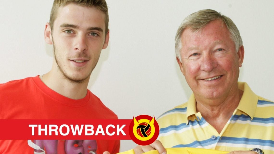 Manchester United Sign David De Gea, poses with kit alongside Sir Alex Ferguson. Overlaid UIF logo and throwbacks banner.