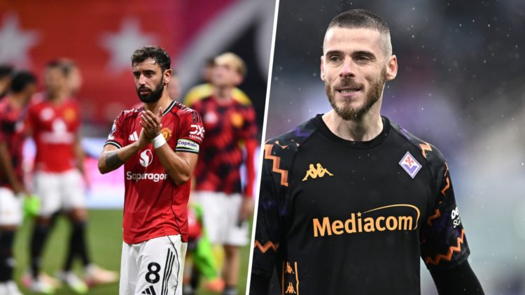 Bruno Fernandes split image with David de Gea