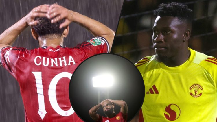 Matheus Cunha during the Carabao Cup match between Grimsby Town and Manchester United at Blundell Park, inset Andre Onana, inset Bryan Mbeumo.