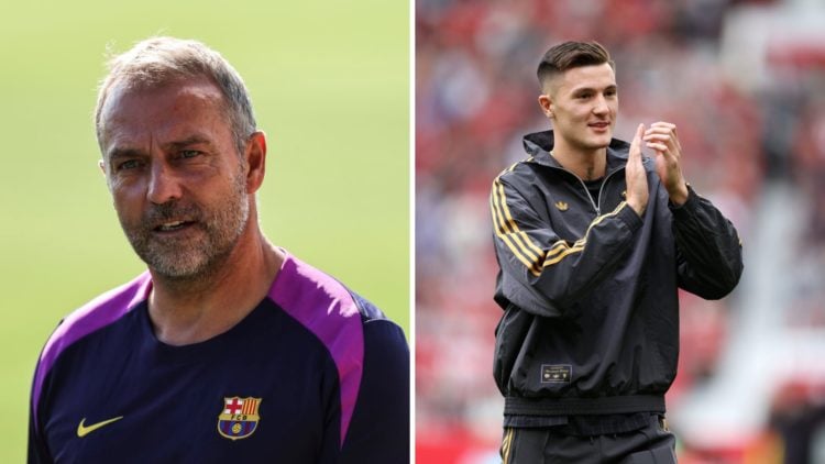 Split image of Barcelona head coach Hansi Flick and Manchester United signing Benjamin Sesko at Old Trafford.