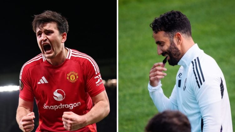 Split image with Manchester United defender Harry Maguire and head coach Ruben Amorim.