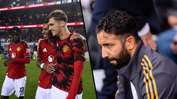 Split image, Jack Fletcher, Ethan Williams and Bendito Mantato after Manchester United pre-season tour game and Ruben Amorim deep in thought on bench.