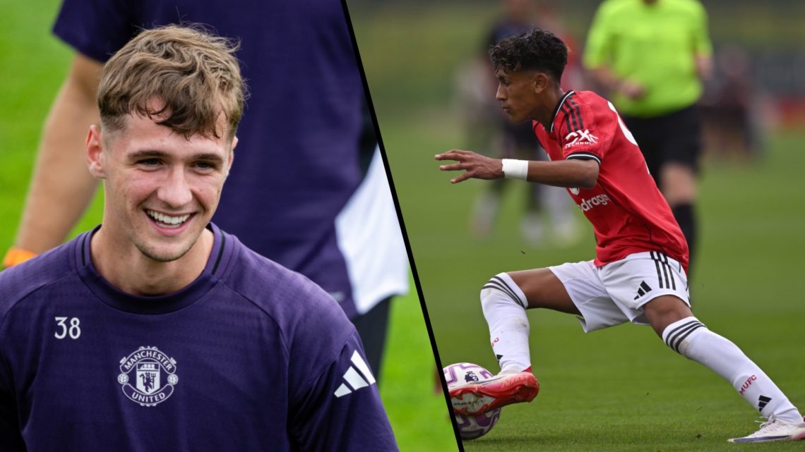 Split image, Jack Fletcher laughing in training with Manchester United first team and JJ Gabriel dribbling for U18s.