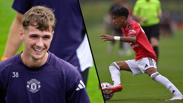 Split image, Jack Fletcher laughing in training with Manchester United first team and JJ Gabriel dribbling for U18s.