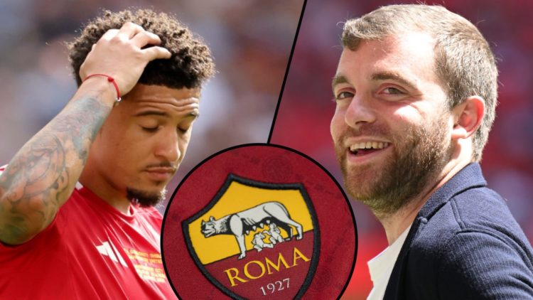 Manchester United winger Jadon Sancho during the 2024 FA Community Shield, inset Fabrizio Romano, inset an overlay of the Roma club crest.