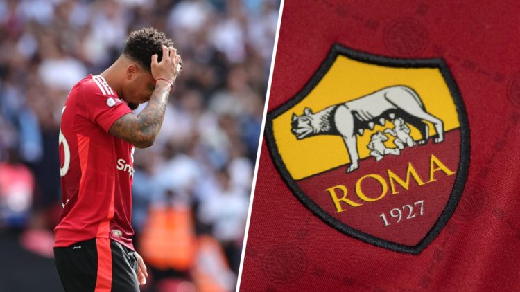 Jadon Sancho split image with AS Roma badge