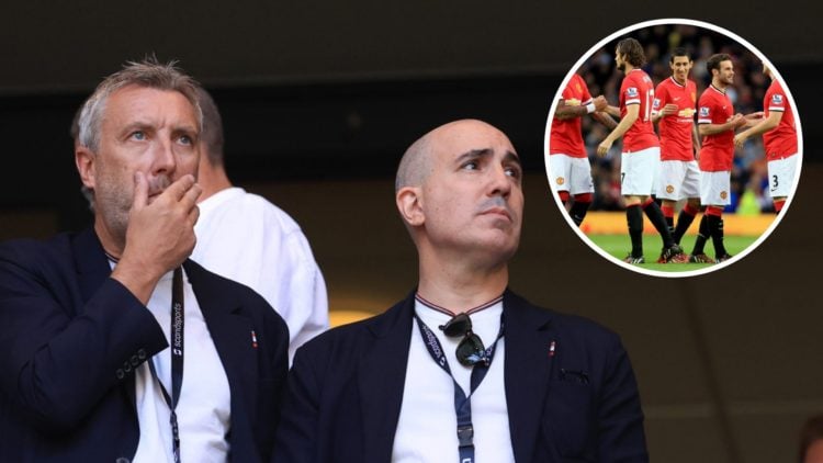 Manchester United director Jason Wilcox, CEO Omar Berrada, inset of Angel Di Maria in 2014.