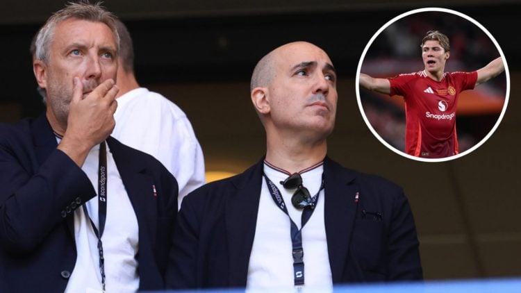 Manchester United director Jason Wilcox and CEO Omar Berrada, inset of Rasmus Hojlund.