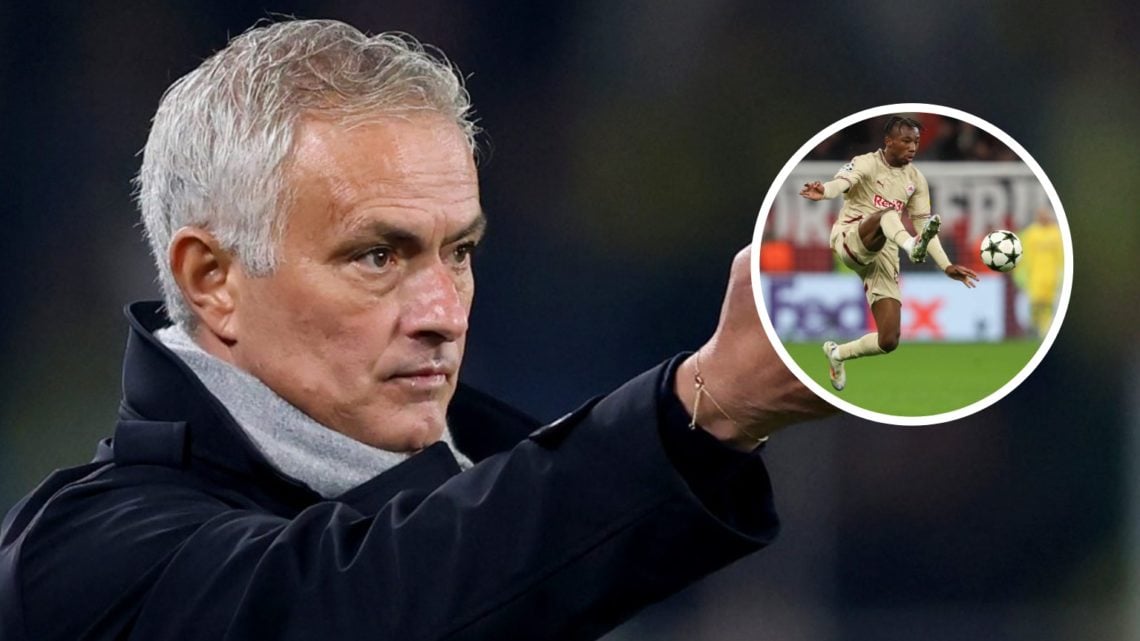 Fenerbahce manager Jose Mourinho points his arm, inset of RB Salzburg winger Nene Dorgeles.