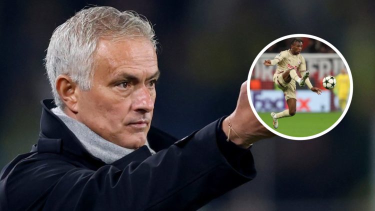 Fenerbahce manager Jose Mourinho points his arm, inset of RB Salzburg winger Nene Dorgeles.
